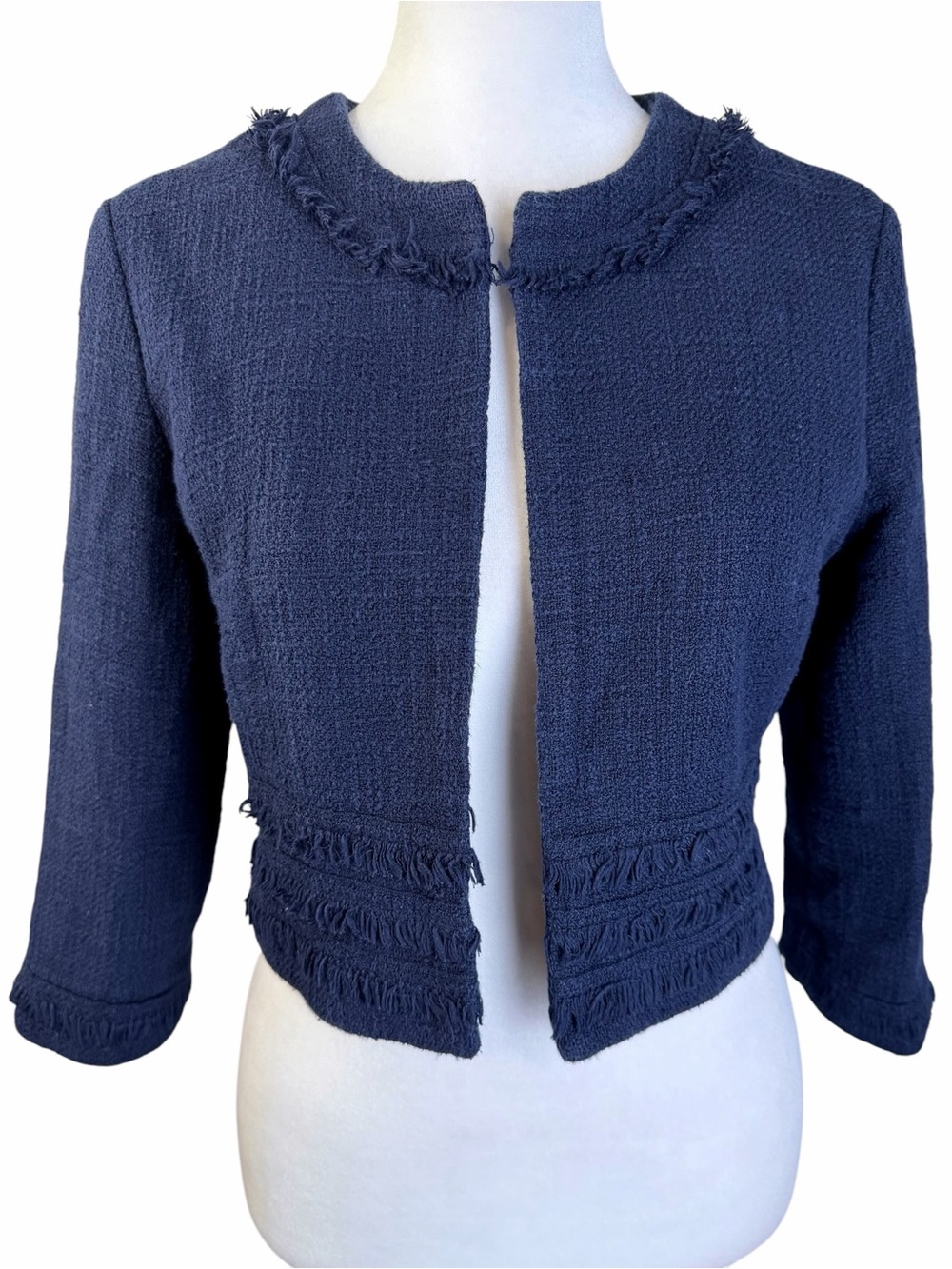Karl Lagerfeld Paris Navy Frayed-Trim Cropped Blazer Size XS